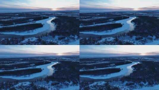 航拍呼伦贝尔河流湿地初春雪景高清在线视频素材下载