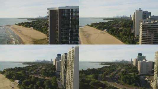 无人机飞过高层公寓，露出湖岸大道，背景是芝加哥天际线高清在线视频素材下载