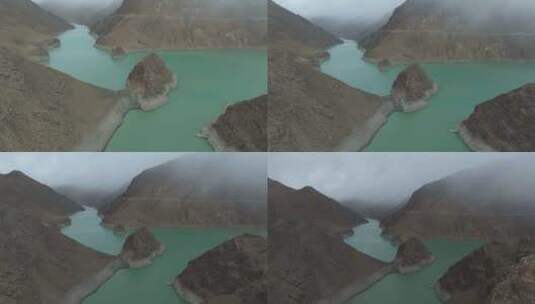 航拍雨天的西藏日喀则满拉水库高清在线视频素材下载