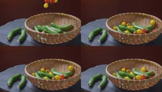 黄瓜西红柿掉落竹筐升格慢镜头高清在线视频素材下载