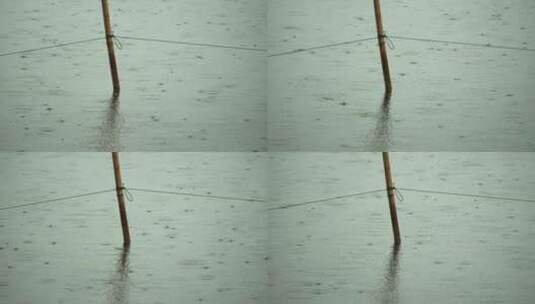 阴天下雨天气池塘竹竿雨点涟漪 高清在线视频素材下载
