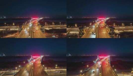 哈尔滨夜景 松花江 桥梁 阳明滩大桥夜景高清在线视频素材下载