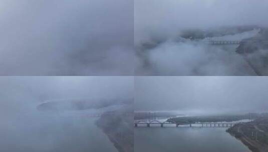海口南渡江平流雾航拍高清在线视频素材下载