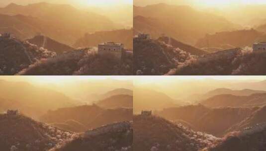 中国北京万里长城春季风光金色日出高清在线视频素材下载