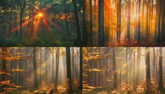 森林树林穿过阳光光束风景高清在线视频素材下载