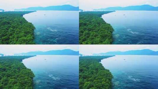 海上有船的绿色海岸边风景高清在线视频素材下载