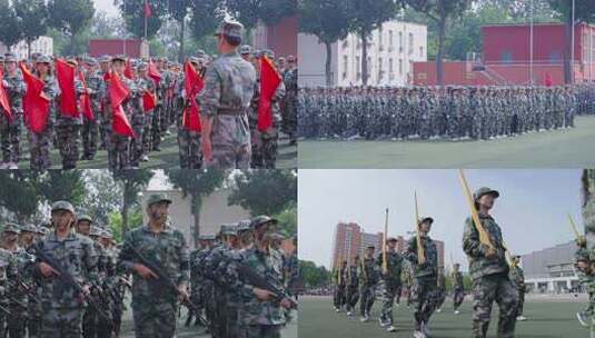 学生军训时持红旗列队高清在线视频素材下载