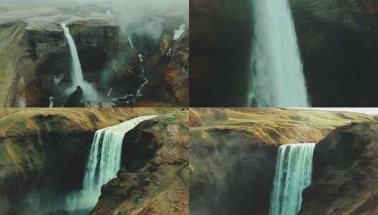 航拍瀑布高山森林瀑布冰岛瀑布高清在线视频素材下载