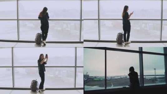 女孩用手机自拍 拍摄飞机和跑道高清在线视频素材下载