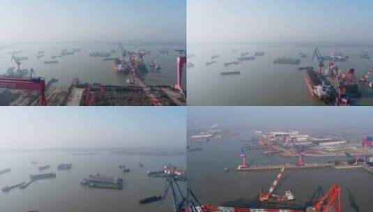 航拍扬州港口造船厂轮船货轮航行素材高清在线视频素材下载