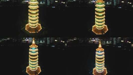 江西赣州翠浪塔夜景灯光航拍高清在线视频素材下载