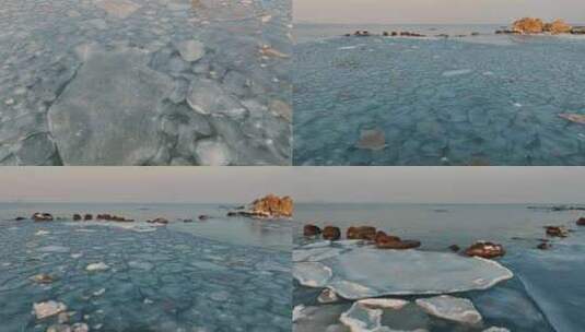 航拍冬季北戴河海边海冰高清在线视频素材下载