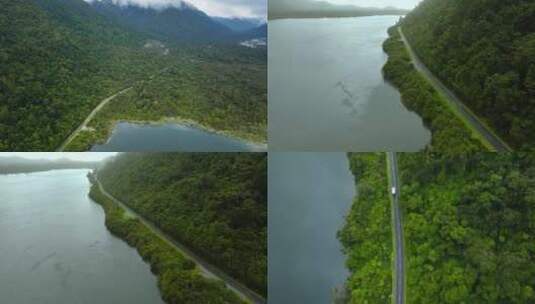 4K新西兰湖畔森林公路旅行车航拍高清在线视频素材下载