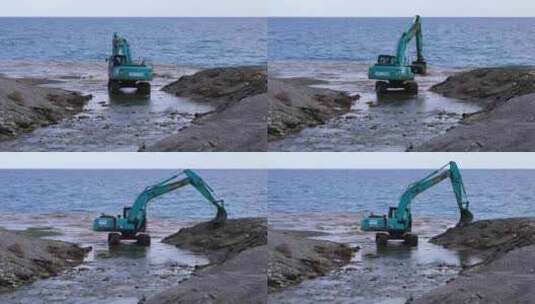 挖掘机在海边工作高清在线视频素材下载