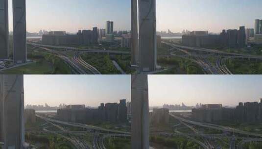 航拍杭州城市高架延时车流高清在线视频素材下载