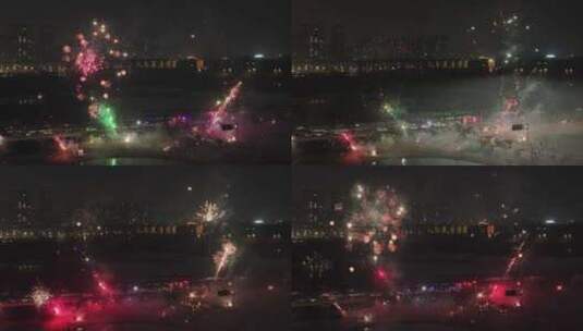 春节城市人群放烟花航拍视角高清在线视频素材下载