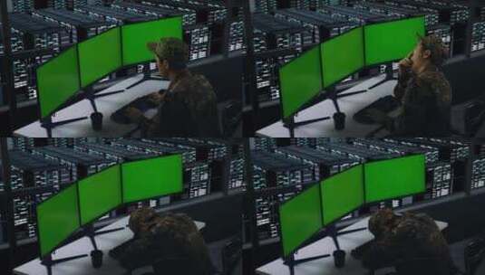 疲惫的亚洲军人在数据中心模拟多台电脑显示高清在线视频素材下载