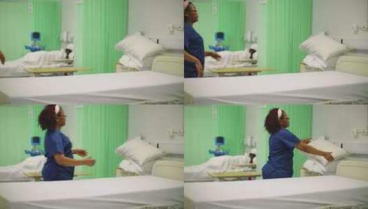 女护士整理医院病床高清在线视频素材下载