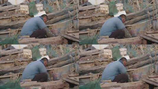 青岛崂山小渔船渔民空镜4k素材高清在线视频素材下载