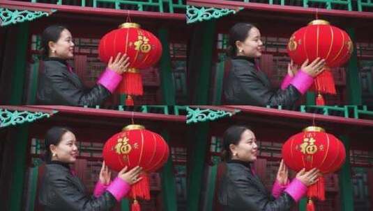 中式四合院美女欣赏红灯笼高清在线视频素材下载