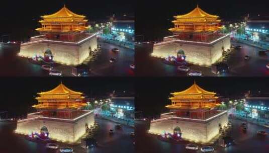 甘肃张掖钟鼓楼城市地标夜景风光航拍高清在线视频素材下载