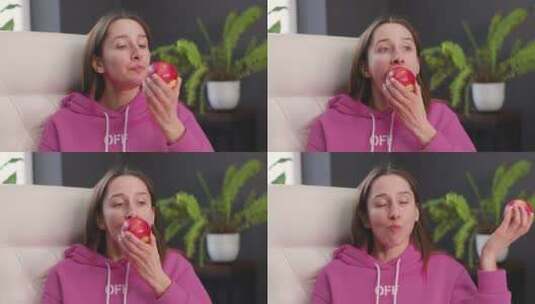 吃红苹果的女人特写高清在线视频素材下载