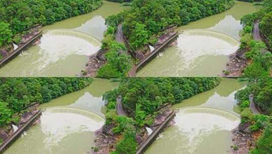 森林山脉溪流水坝航拍左环绕高清在线视频素材下载