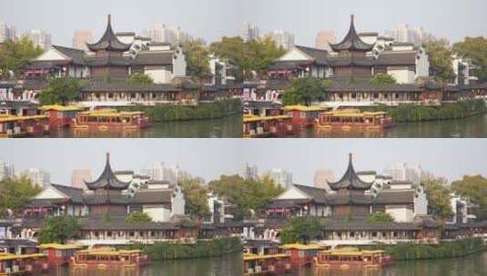 南京夫子庙秦淮河湖畔游船风光美景高清在线视频素材下载