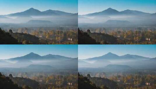【延时】晨雾中的腾冲火山和银杏村高清在线视频素材下载