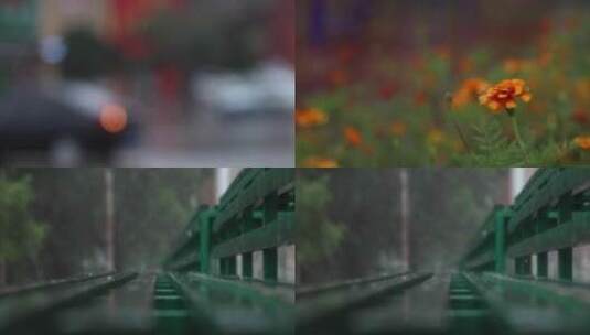 雨中街道、花、长椅高清在线视频素材下载