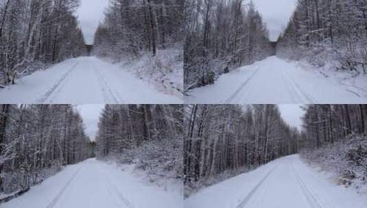 行驶在林海雪原的雪路上高清在线视频素材下载