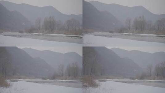河流经过寒冷冰雪山谷升格全景4k100帧灰片高清在线视频素材下载