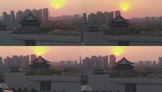 航拍中国扬州大运河博物馆大运塔夕阳落日高清在线视频素材下载