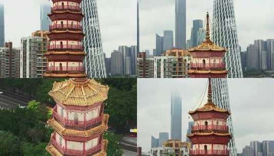 广州八角形楼阁式青砖塔赤岗塔航拍4K视频高清在线视频素材下载