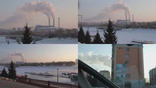 黑龙江牡丹江市远处工厂冒起浓浓炊烟高清在线视频素材下载
