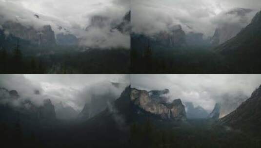 高山流水山峰云雾云层飘动绿色森林山间峡谷高清在线视频素材下载