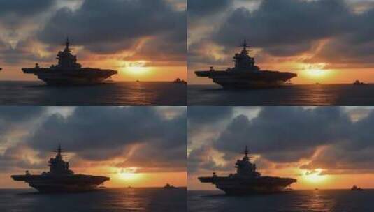 4k航空母舰舰队海洋航行夕阳唯美创意高清在线视频素材下载