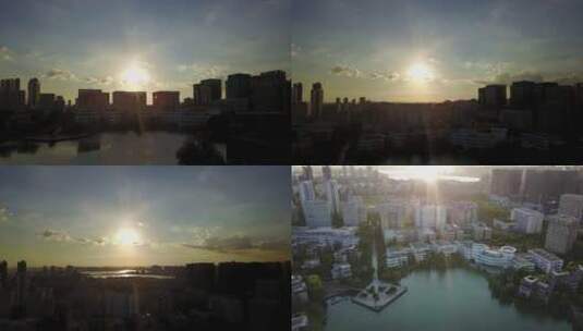 航拍武汉软件园建筑楼房早晨剪影高清在线视频素材下载