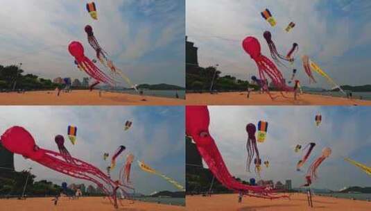 珠海市沙滩上放飞自我风筝高清在线视频素材下载