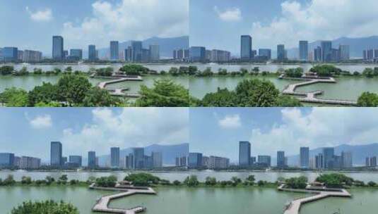 福州花海公园航拍闽江台江区城市建筑风光高清在线视频素材下载