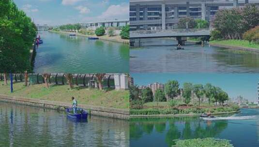 水草打捞船只工作场景高清在线视频素材下载