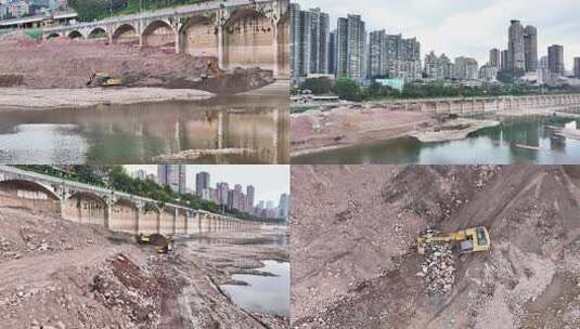 挖掘机清理河道河道治理高清在线视频素材下载