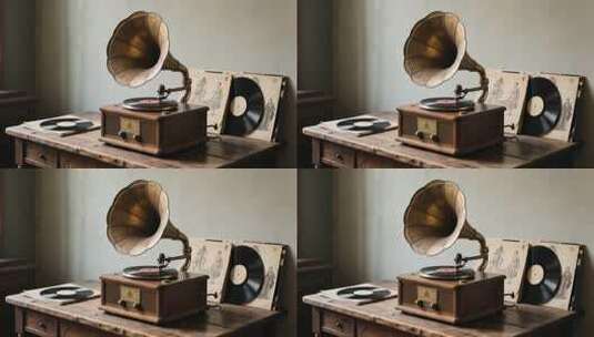 复古唱片机与黑胶唱片高清在线视频素材下载