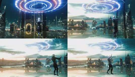 机器人眺望未来科技城市景观高清在线视频素材下载