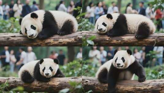 趴在木头上休息的大熊猫高清在线视频素材下载