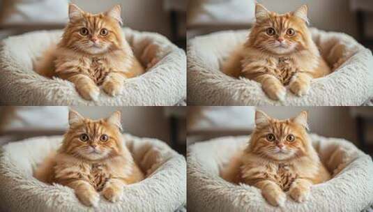 蓬松橘猫舒适地依偎在猫窝中高清在线视频素材下载