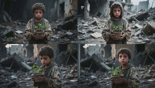 废墟中手持盆栽的儿童高清在线视频素材下载