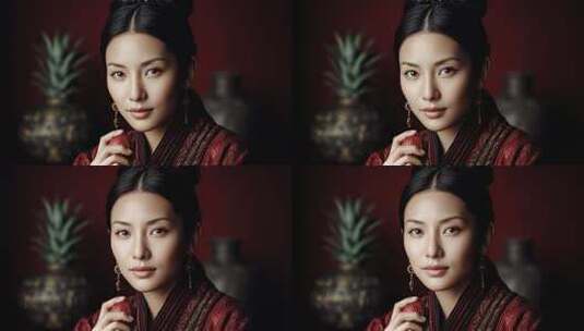 古典美人身着华服手持红球静谧美好高清在线视频素材下载