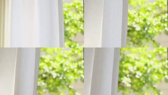 风吹窗帘窗户白色窗帘飘动阳光透过白色窗帘高清在线视频素材下载