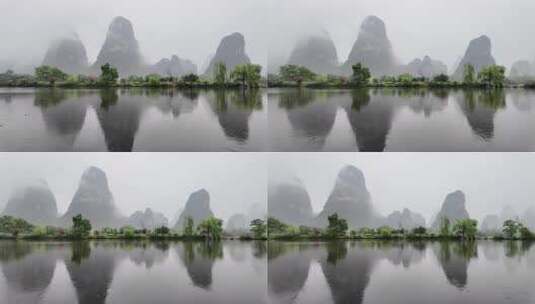 雨天湖景倒映绿树青山的宁静画面高清在线视频素材下载